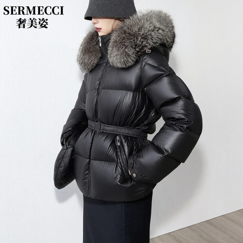高级感黑色加厚短款羽绒女2025新款轻奢大毛领收腰小个子大牌外套
