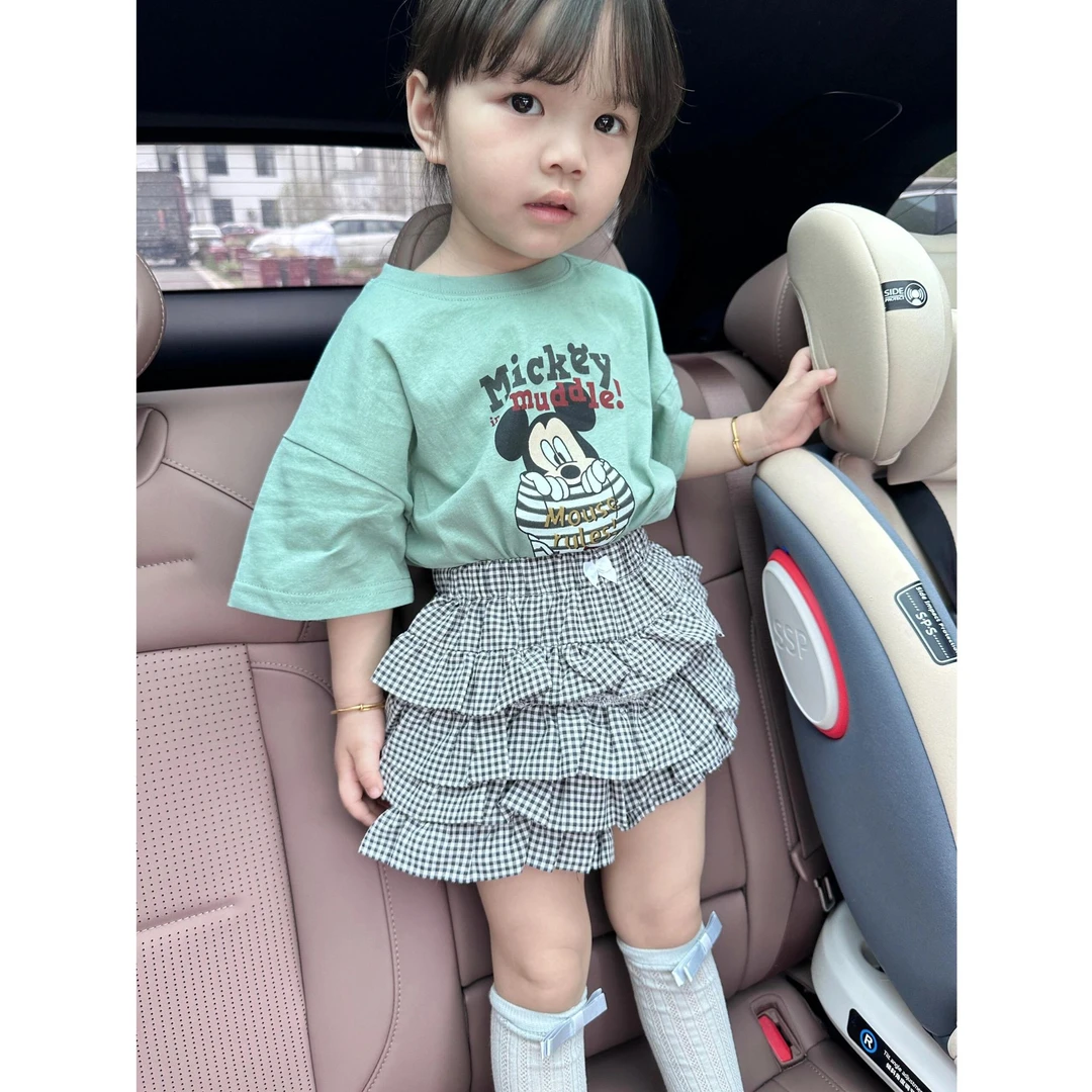 《现货》女童2025夏季休闲百搭五一出游米老鼠短袖格子蛋糕裙套装