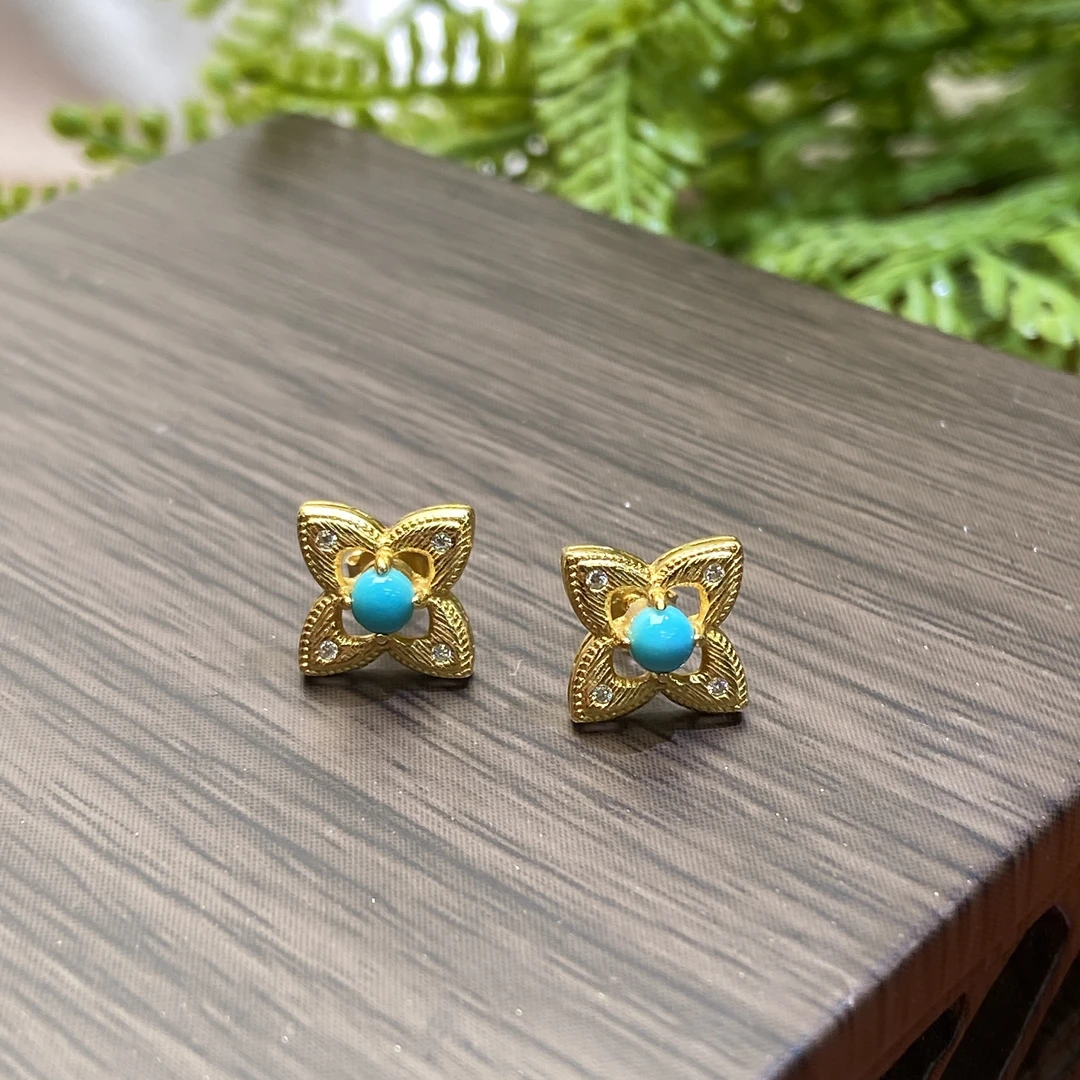 【星浩珠宝】s925银镶绿松耳钉21-10T42H21【多样性发一件】2.5mm+