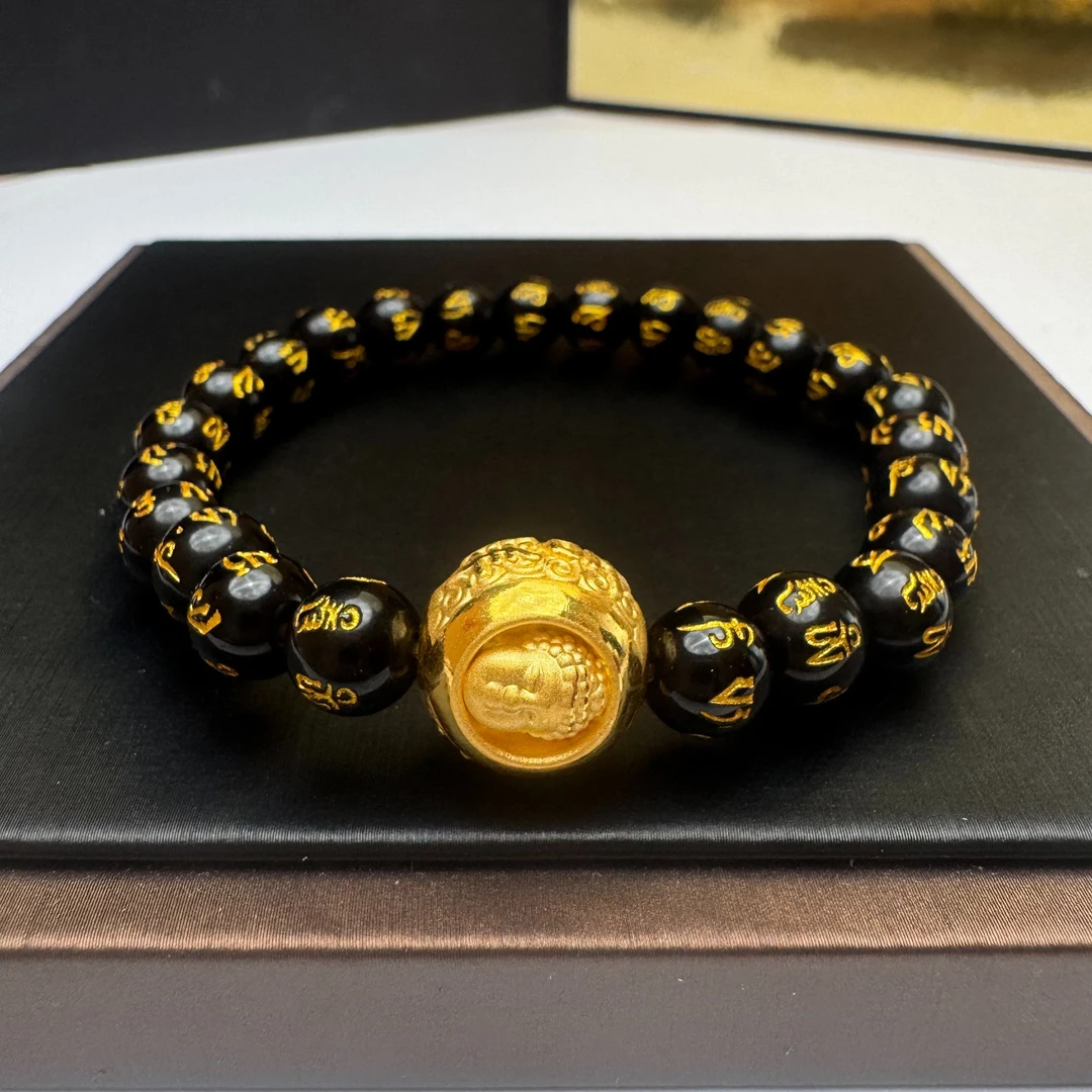 9#足金999 黄金双面佛头转运珠黑曜石六字箴言镶嵌