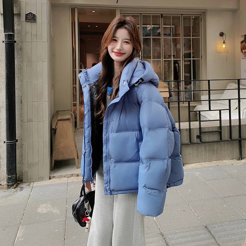 超好看蓝色保暖羽绒服女冬2025新款高级感流行独特设计面包服短款