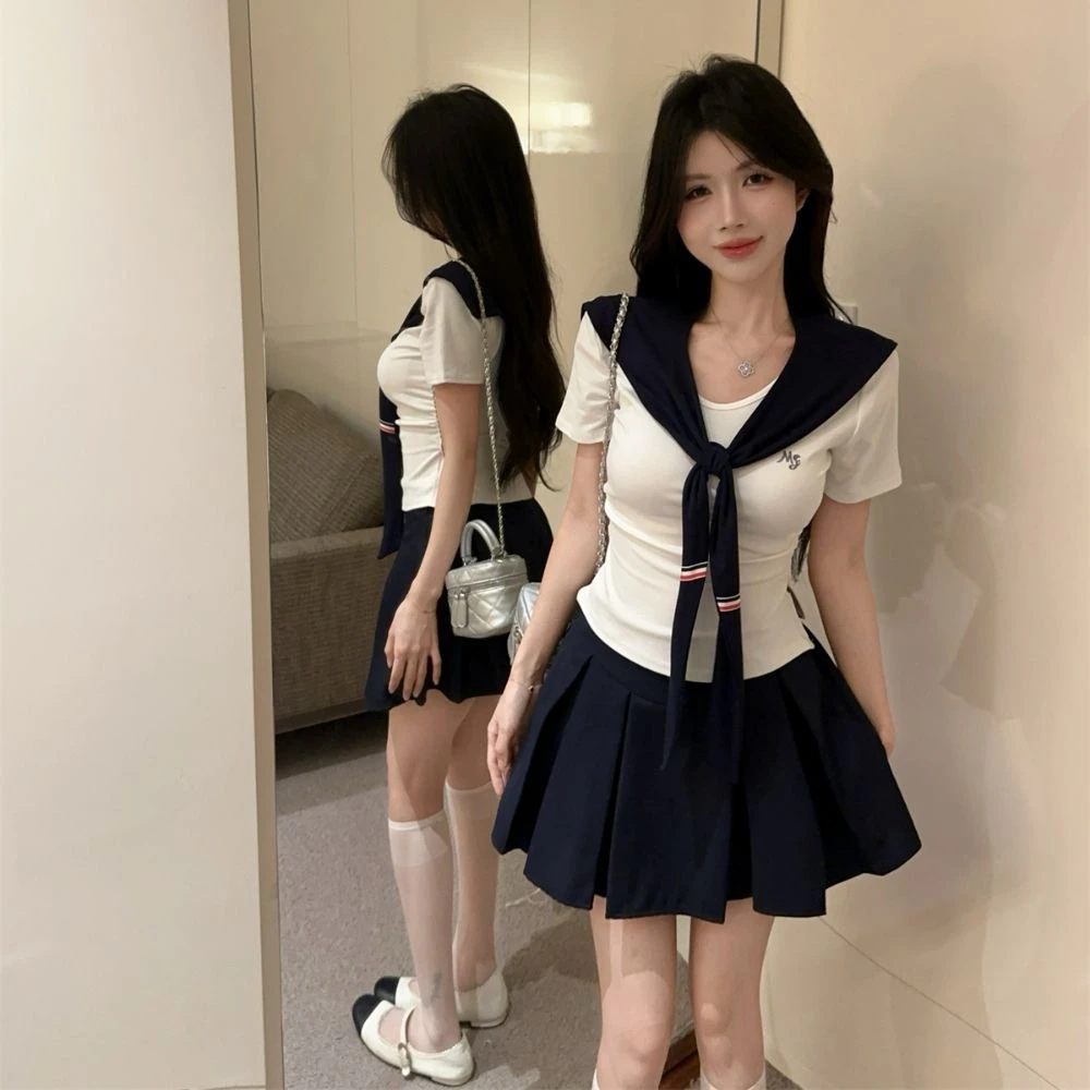 夏纯欲辣妹学院风jk制服修身坎肩短袖T恤上衣百褶半裙三件套装女