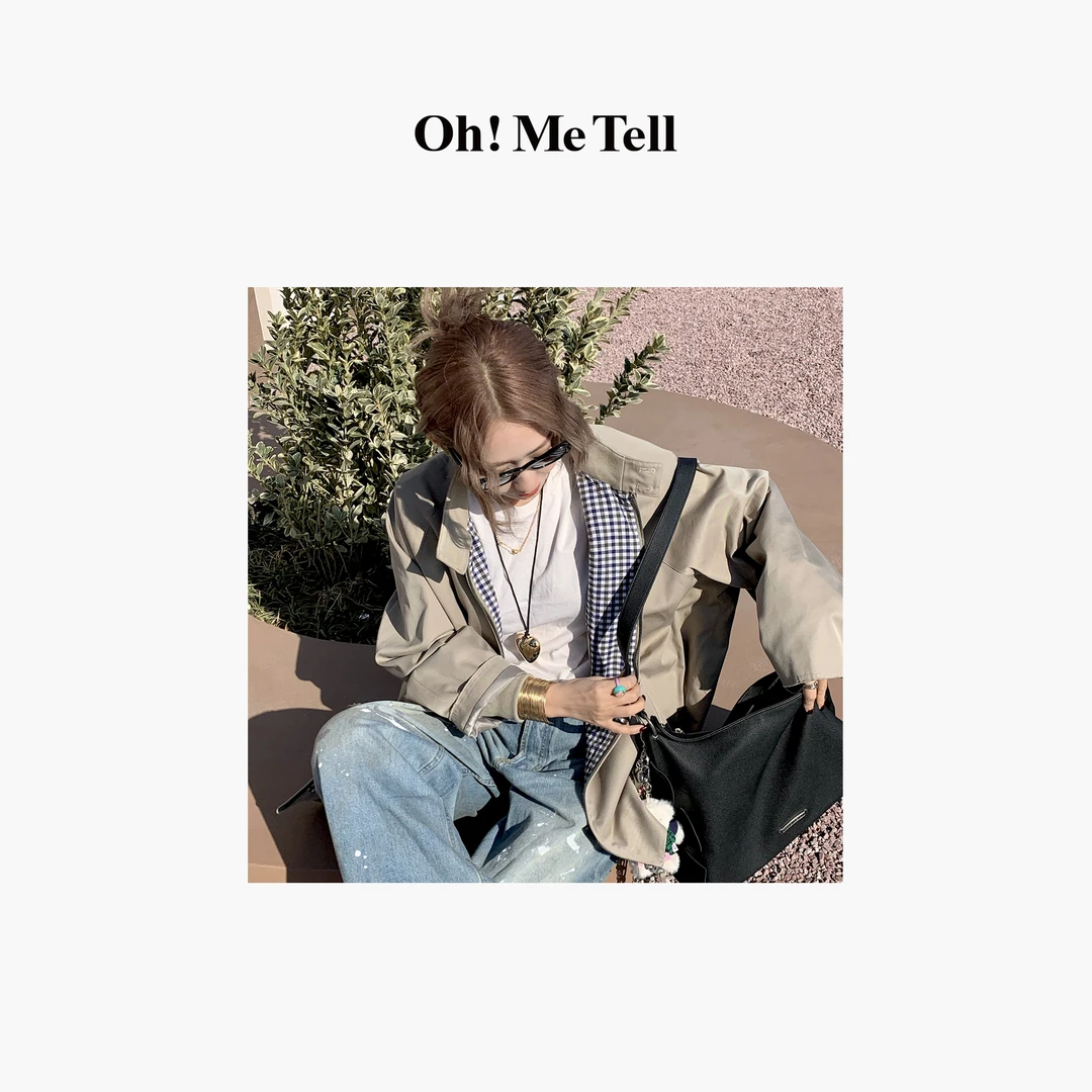 Oh！Me Tell【M6同款】四角缝线格纹内衬立领花苞廓形夹克风衣外套