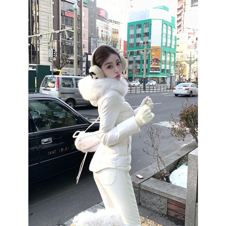 白色大毛领排骨羽绒服女冬2025加厚收腰显瘦保暖连帽90白鸭绒外套