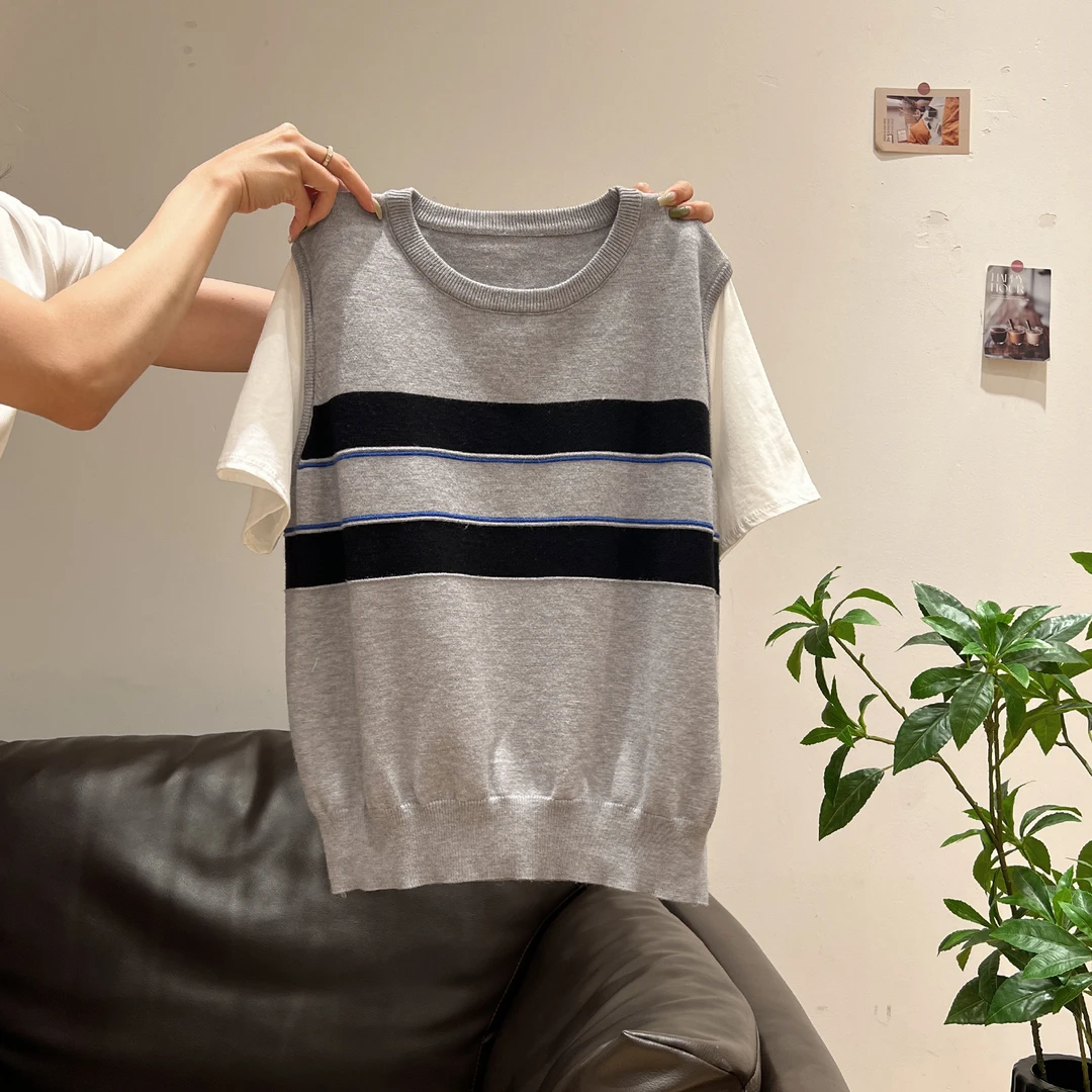 通勤风条纹假两件针织灰色短袖圆领正肩t恤2025夏季宽松减龄上衣