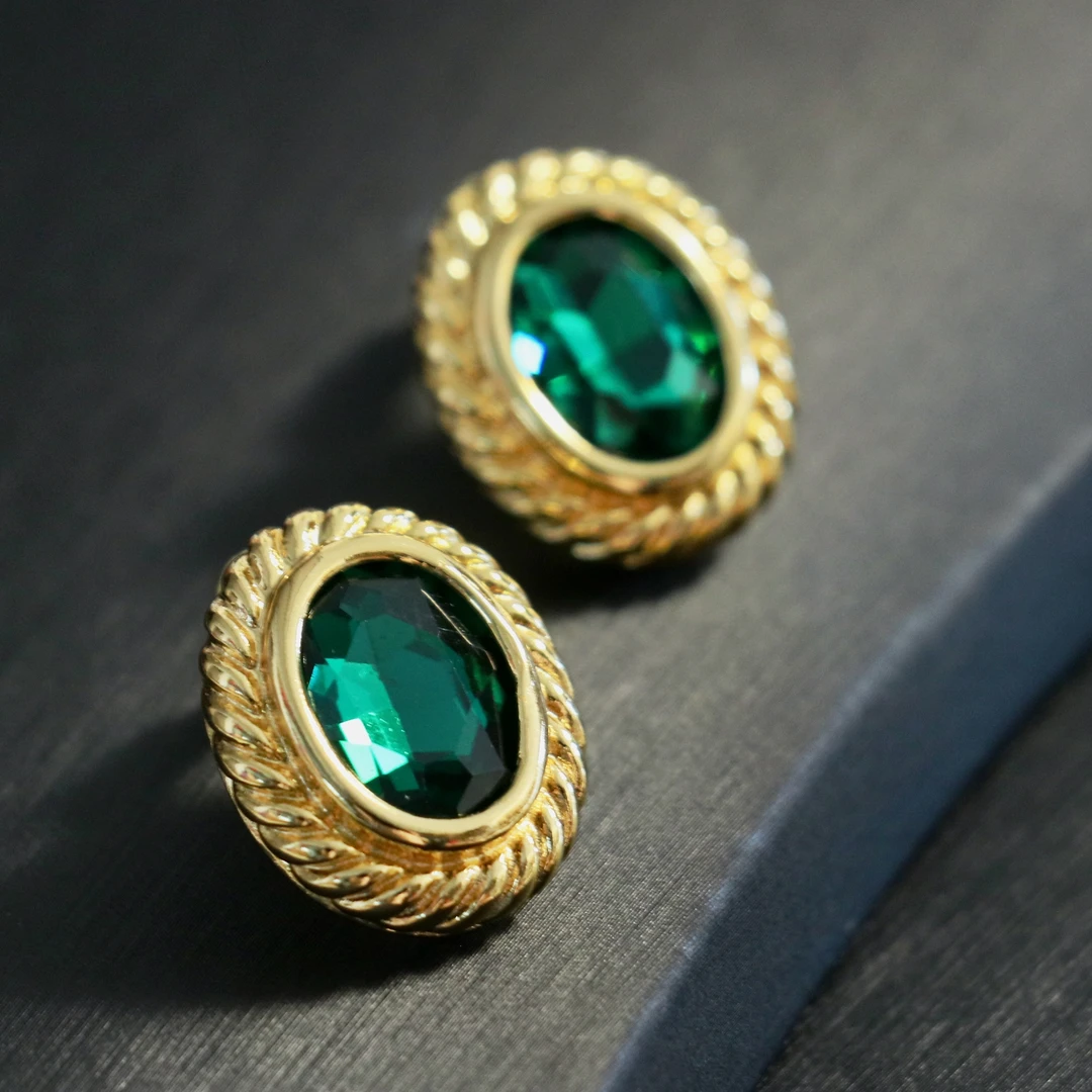 铜合金合成锆石耳饰 复古绿色高级感椭圆高级感耳环