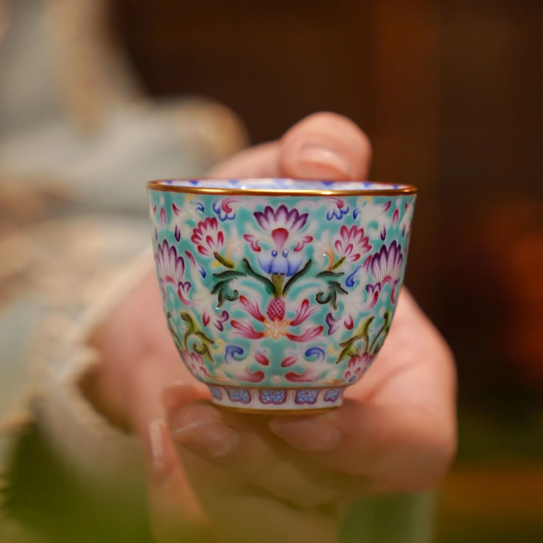 溢珍堂松石绿彩绘花神杯茶具中式茶道纯手工高档复古家用陶瓷茶器