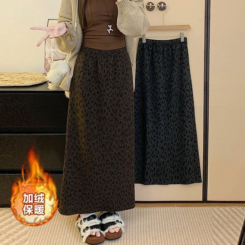 2025冬季新款加绒豹纹长裙半身裙女气质百搭显瘦时尚简约加厚裙子