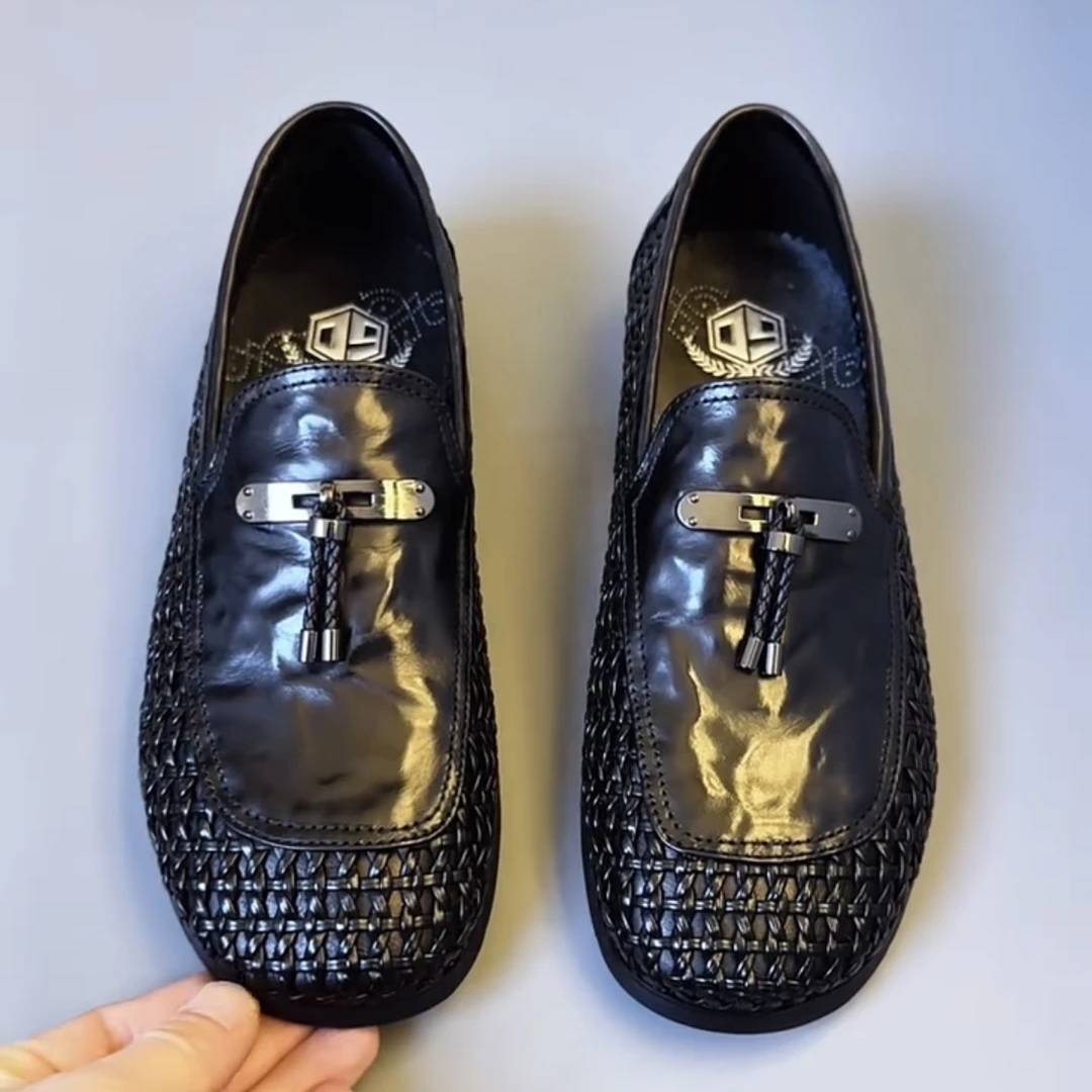 2588-037夏季一脚蹬低帮商务休闲时尚百搭真皮编织男休闲鞋豆豆鞋