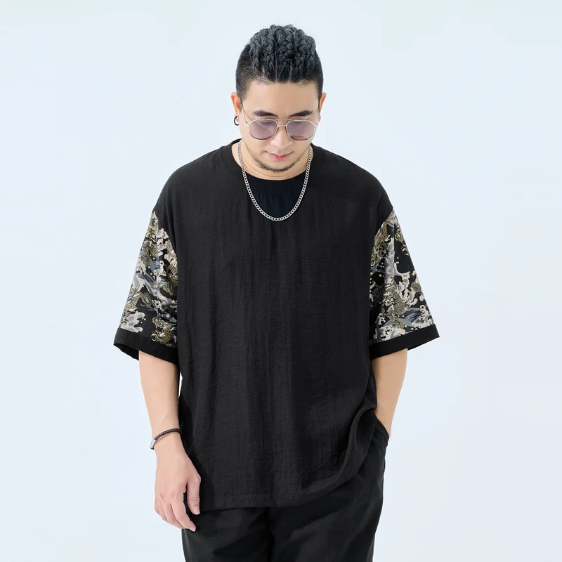 半墨大码男装休闲梭织短袖中国风印花体恤加肥加大透气上衣男0253