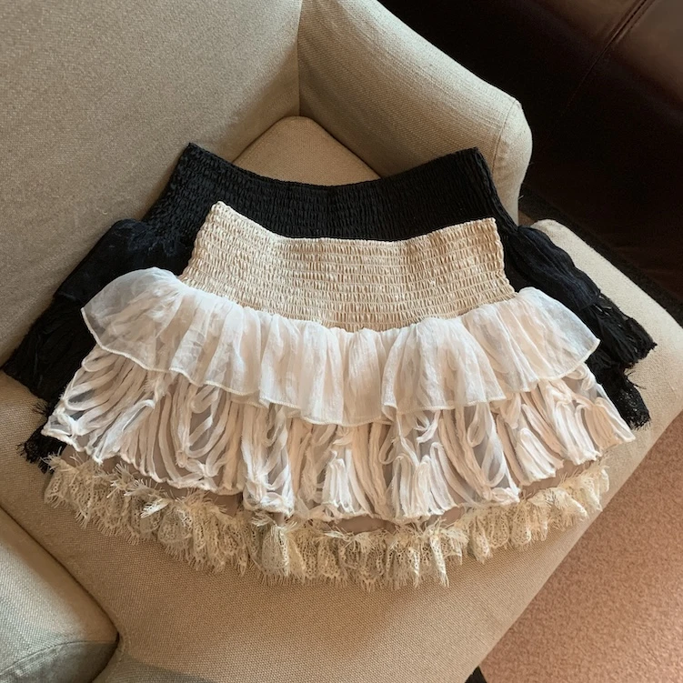 法式下摆蕾丝拼接蛋糕裙女夏款高腰a字蓬蓬半身裙带内衬包臀短裙