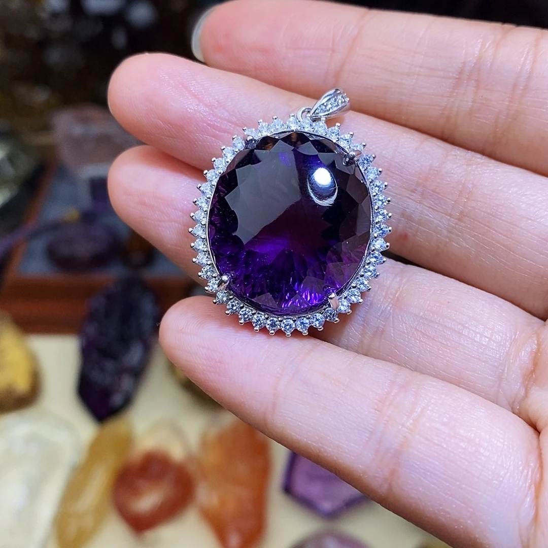 水晶吊坠银S925镶嵌春*紫水晶