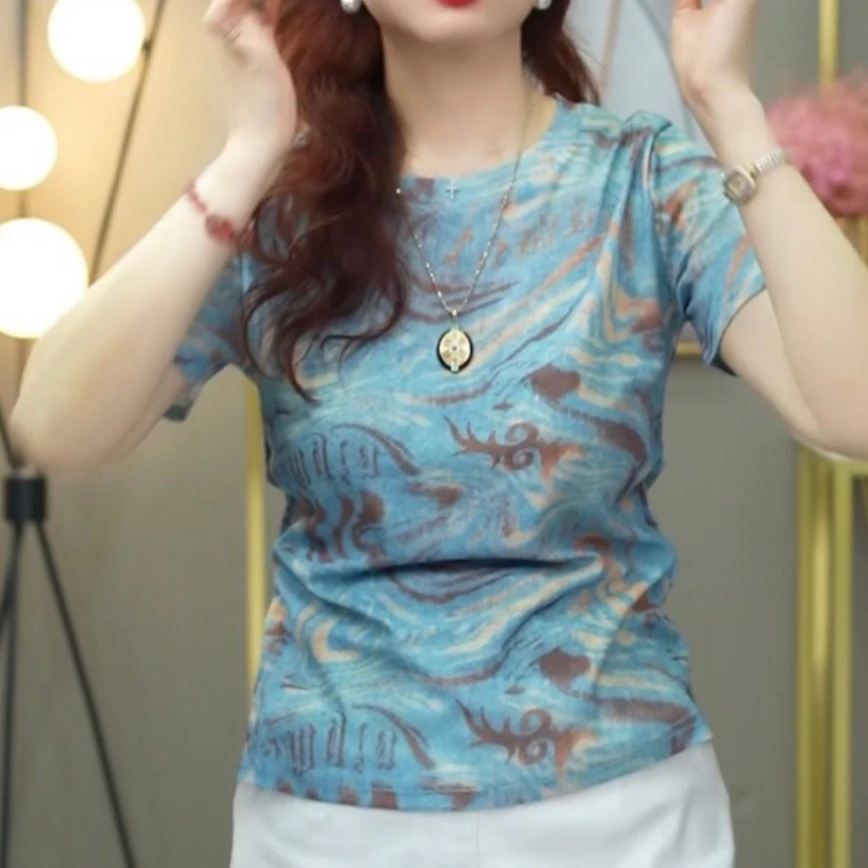 【长袖/短袖】幽兰似水欧货减龄时尚印花圆领 网纱百搭上衣C2160