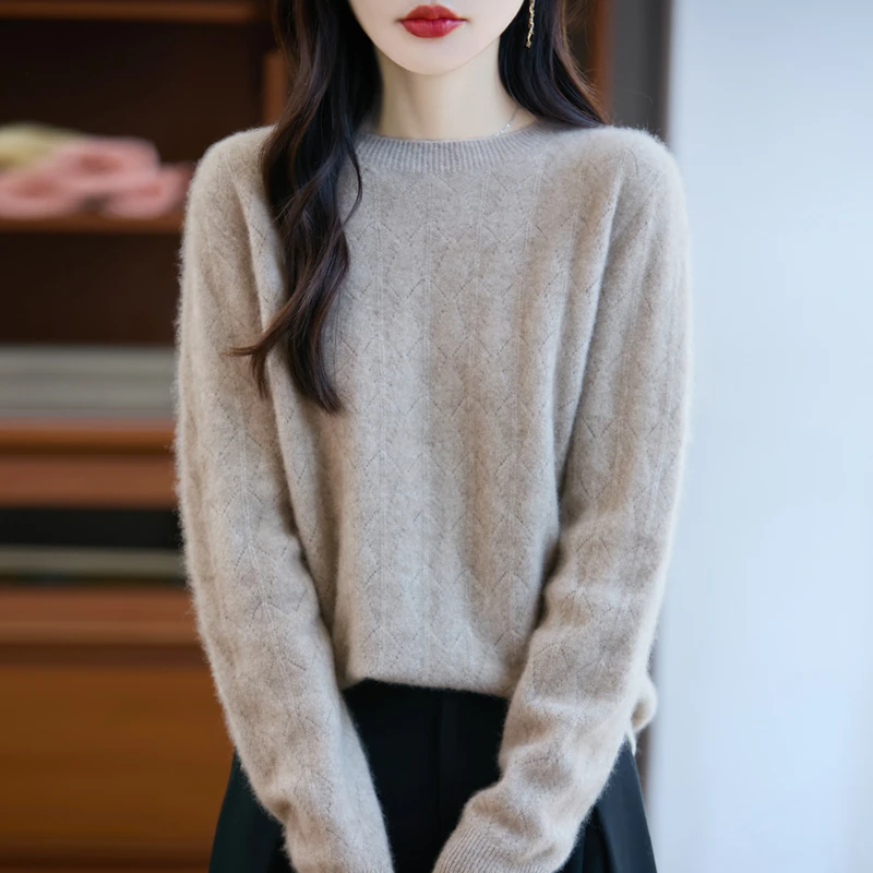 100纯羊毛一线成衣贝壳镂空厚款圆领纯色羊毛衫长袖套头打底衫