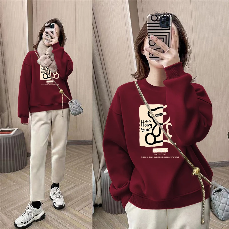 圆领套头打底衫加绒加厚红色卫衣女2026秋冬新款宽松韩版春秋薄款