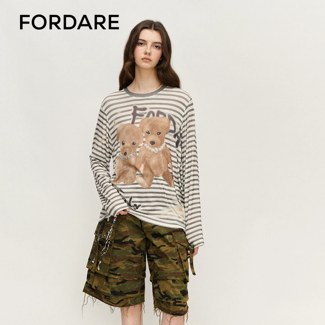 FORDARE福蝶 25春季新品 两只小熊做旧条纹T长袖宽松圆领内搭3316