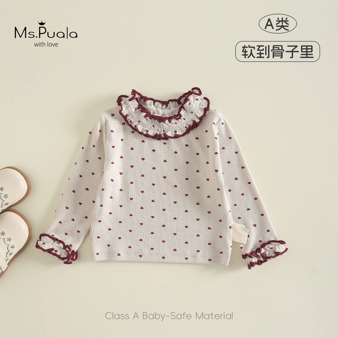 【MsPuala甜心】婴幼儿女童长袖T恤小宝满印爱心花边领套头打底衫
