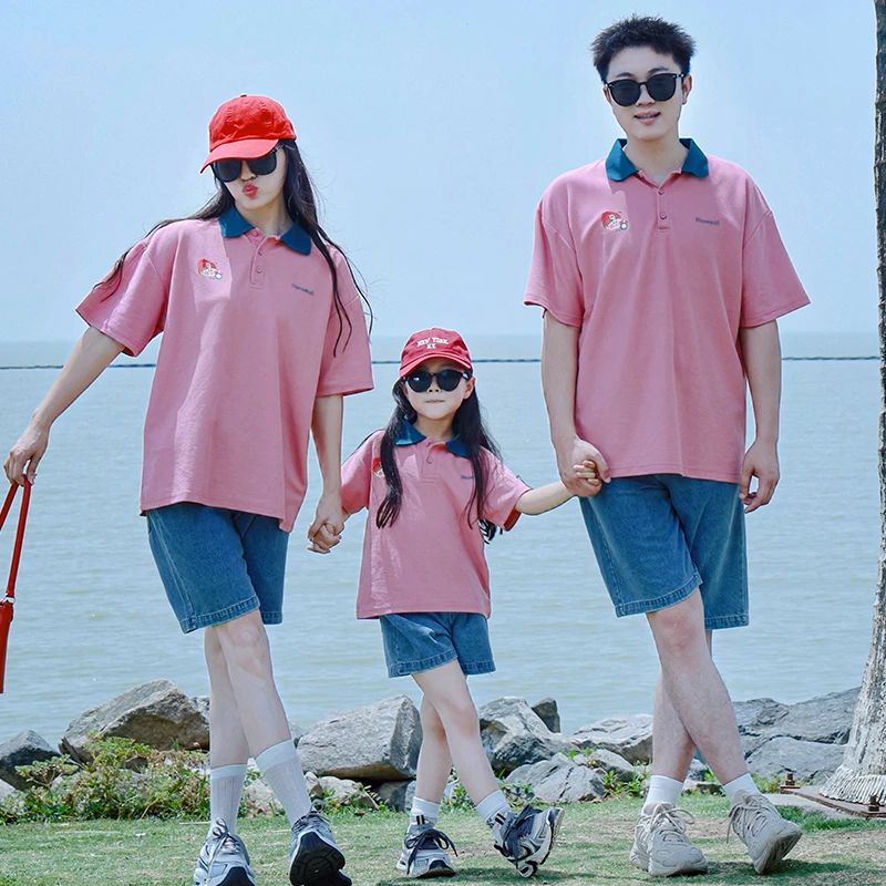 2025新款polo衫亲子装一家三口、韩版小公仔图案母女装翻领