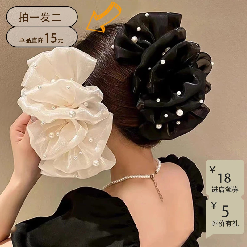 2025新款网纱珍珠泡泡抓夹女式多层蝴蝶结超大号后脑勺盘发鲨鱼
