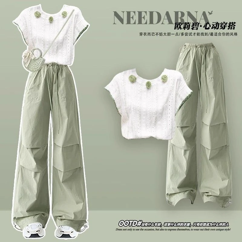 大方得体巨好看绝美短袖2025超火夏装一整套多巴胺减龄工装裤套装