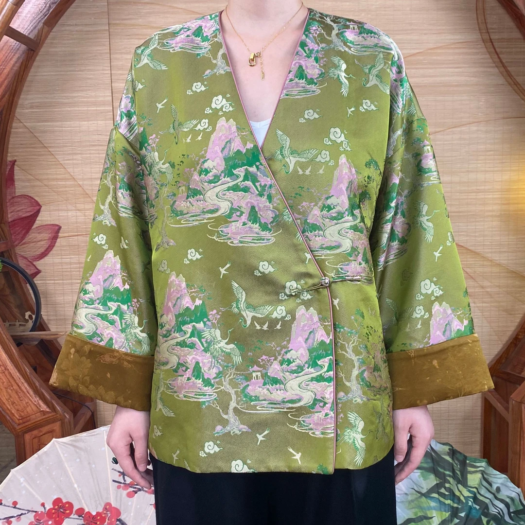 织金宋锦重缎100桑蚕丝绿底日常上衣新中式