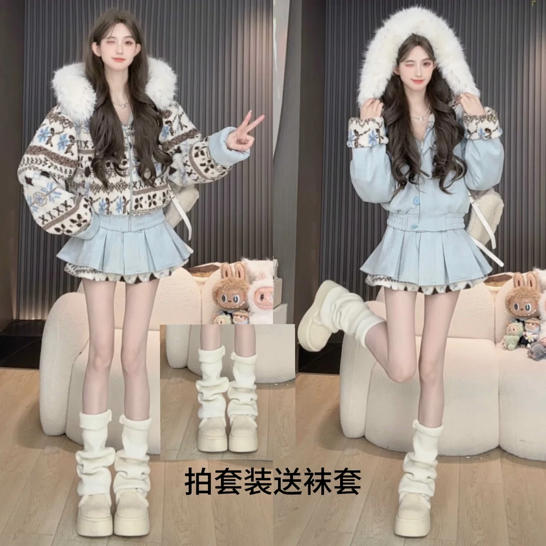 胡萝卜【两面穿羔羔绒费尔岛拼麂皮绒裙套装】冬款显瘦减龄宽松加厚