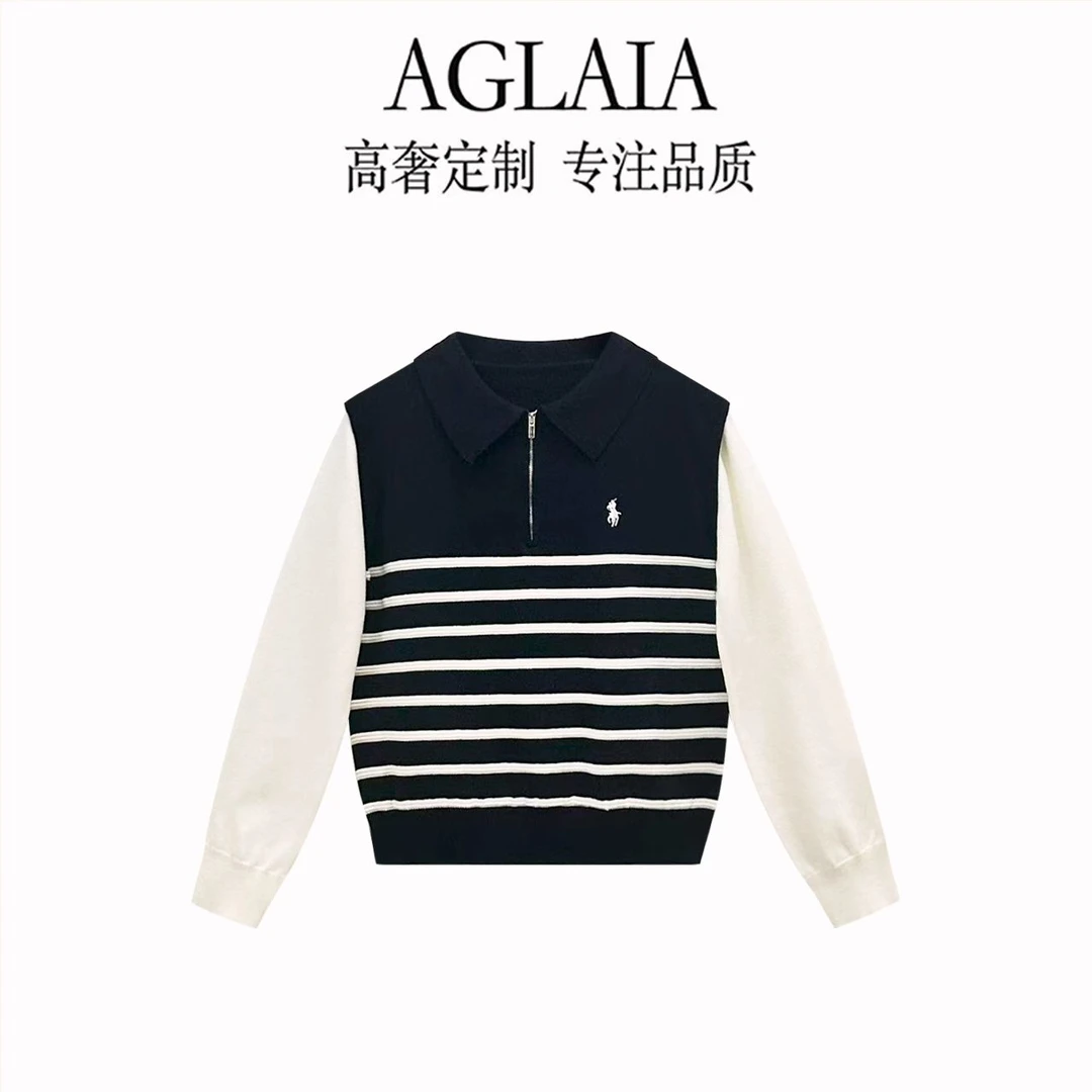AGLAIA~秋季新款别致独特假两件休闲半拉链POLO领条纹针织衫6289
