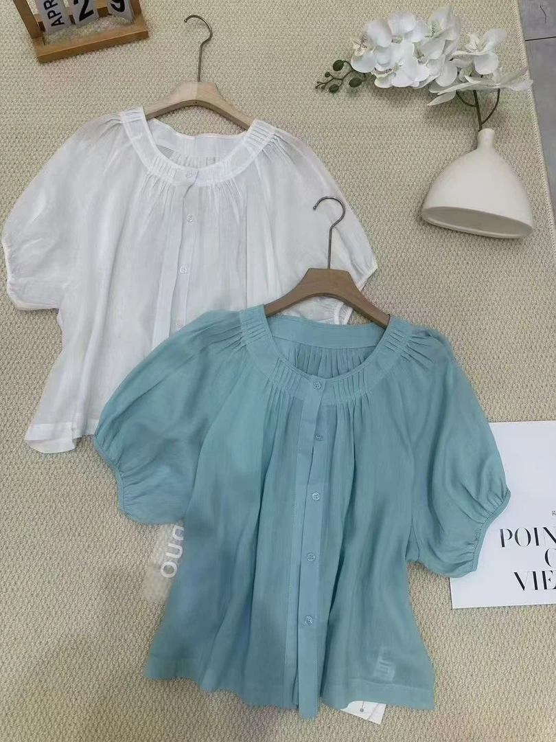 衬衫圆领夏季纯色雪纺衫蓝色百搭方领褶皱短袖宽松简约压褶