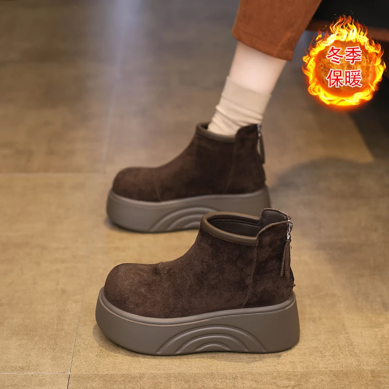 真皮加绒保暖短靴女款2025新款冬季时尚百搭厚底增高小个子瘦瘦靴