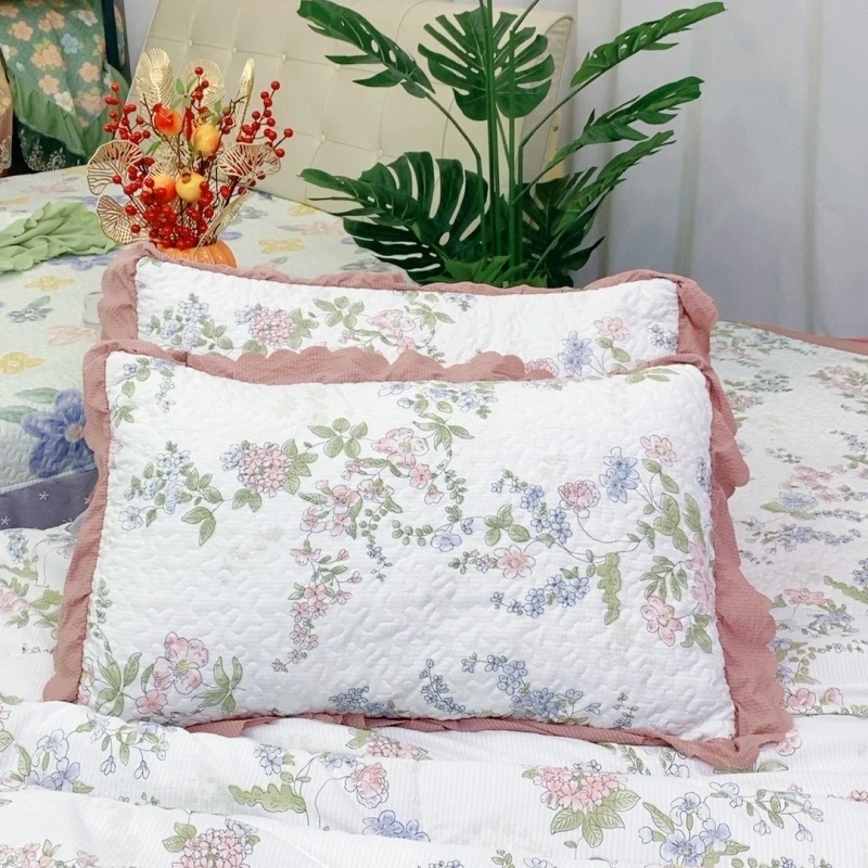 H《花边枕套》泡泡 棉荷叶花边绗绣枕套一对装《花海》