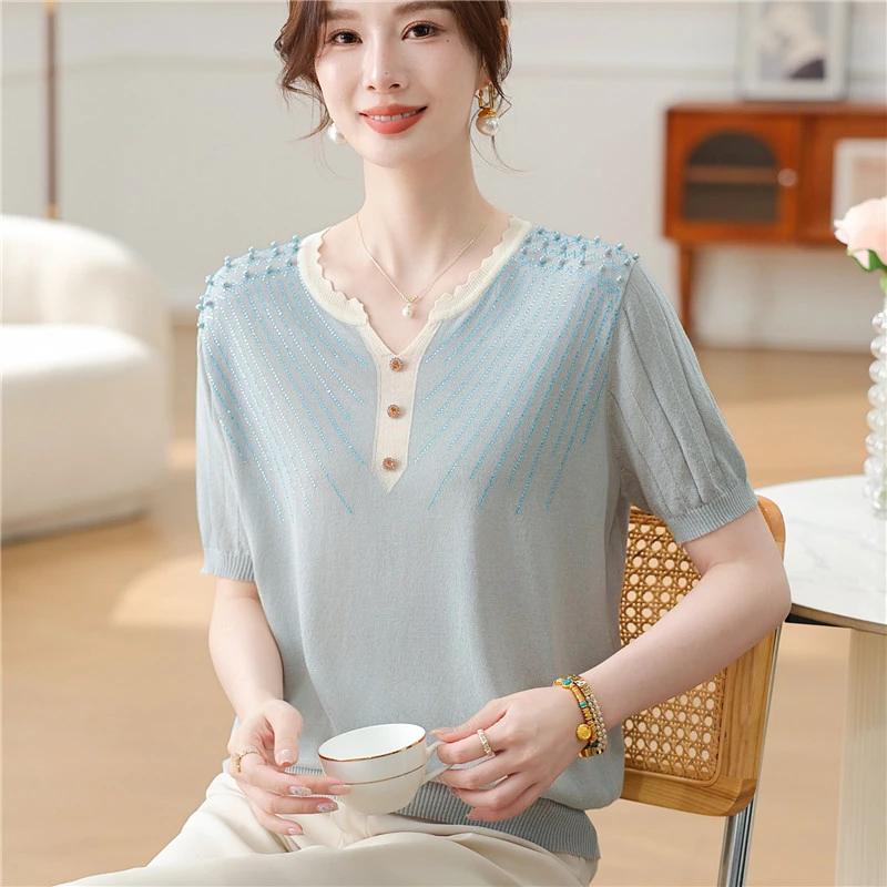 新款妈妈夏装上衣针织冰丝短袖T恤中老年女装夏季圆领小衫薄套装