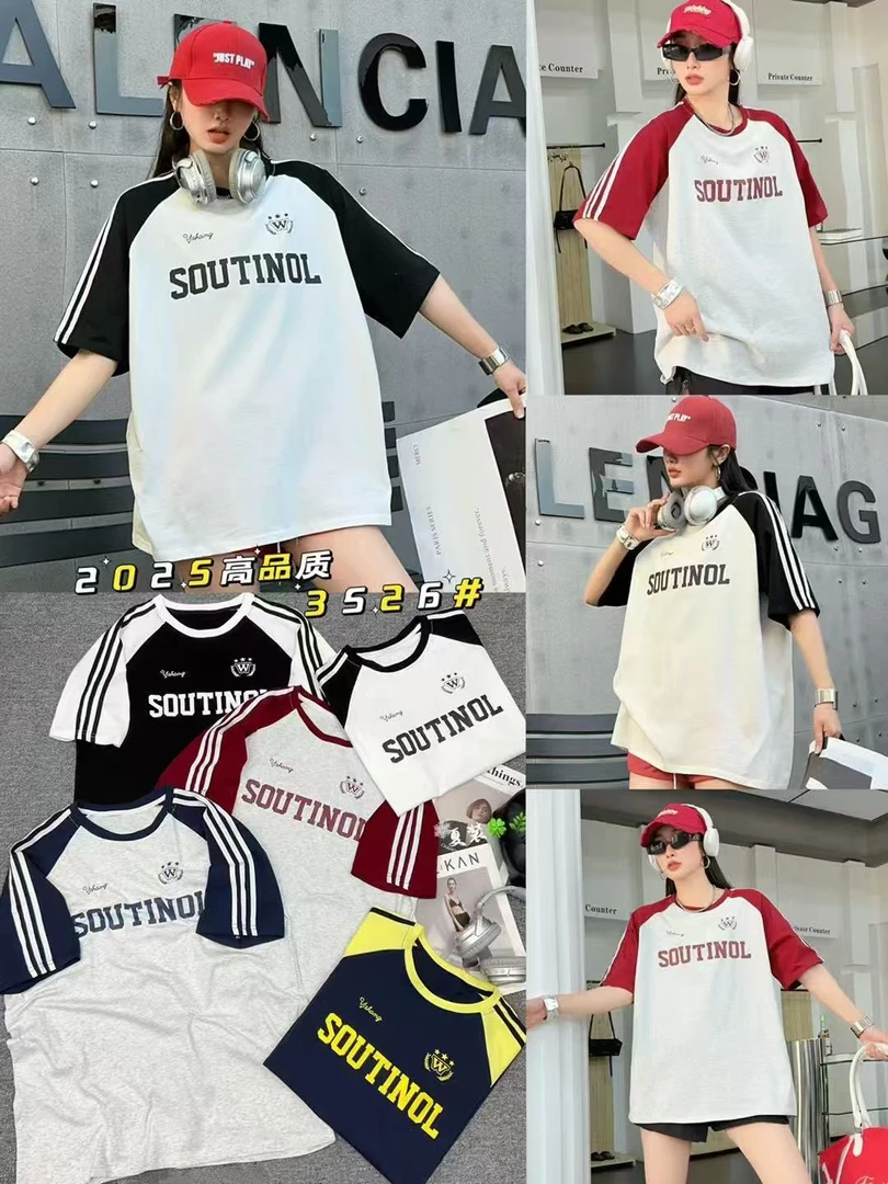 新款拼接条纹宽松中大版休闲T恤3526