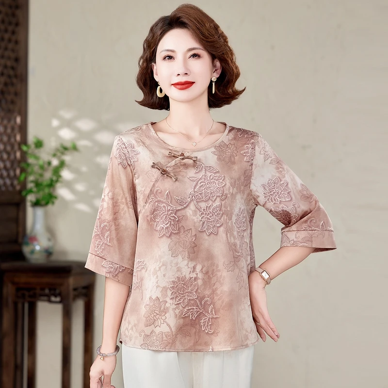 中年妈妈夏装新中式国风中袖衬衫中老年女装气质七分袖T恤衫上衣