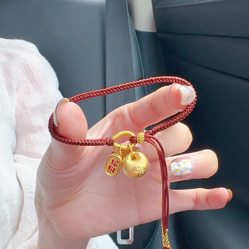 瑞诺黄金小胖福编绳手链女999足金本命年编织百搭手绳送女友礼物