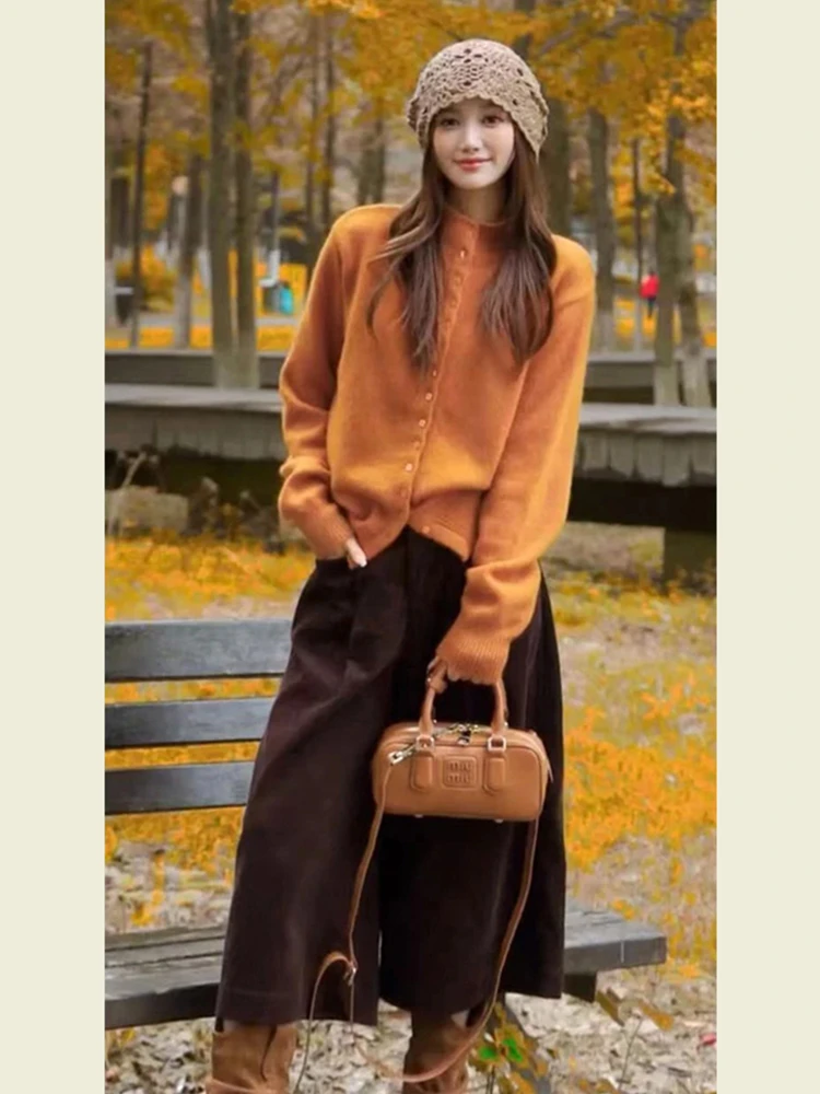 2025秋季超火巨好看轻熟风松弛橘色针织衫休闲阔腿裤减龄两件套女