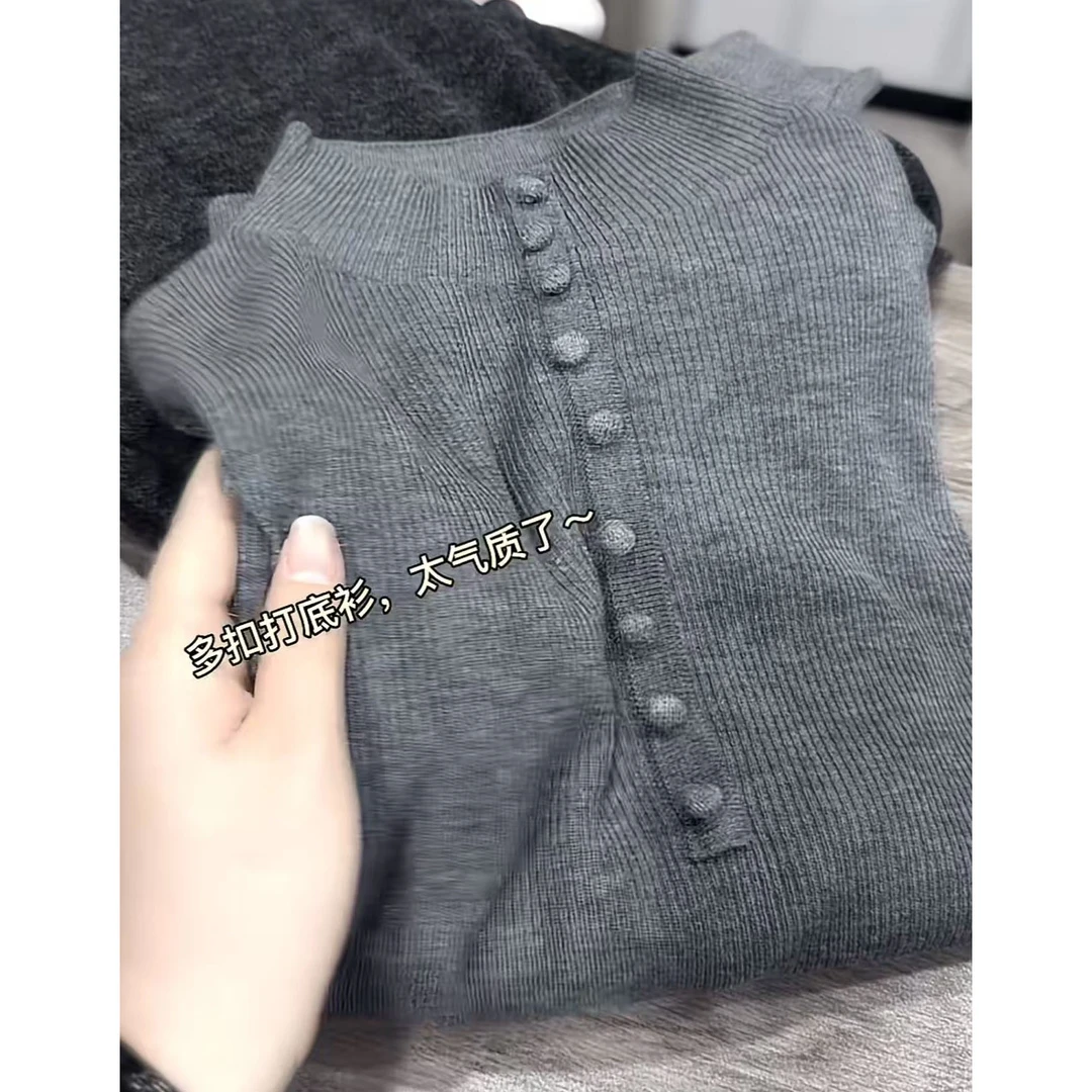 灰色极简风半高领简约针织打底衫2025秋冬新款纯色百搭休闲风上衣