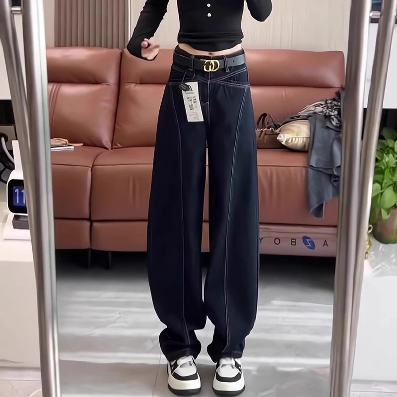 直筒高腰显瘦百搭弯刀裤女2025年秋季新款时尚宽松爆款深蓝牛仔裤
