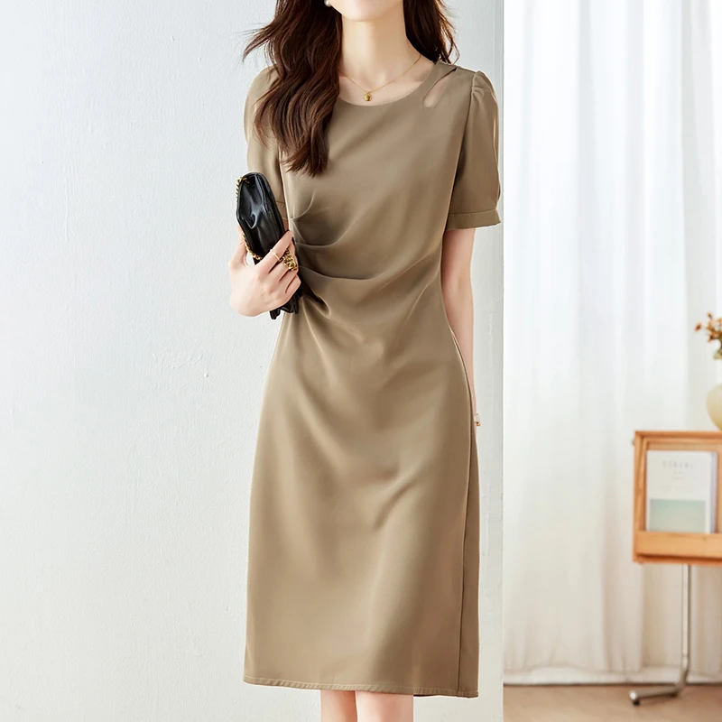 拉夏贝尔法式圆领收腰显瘦优雅连衣裙女夏季薄款2025轻职风半身裙