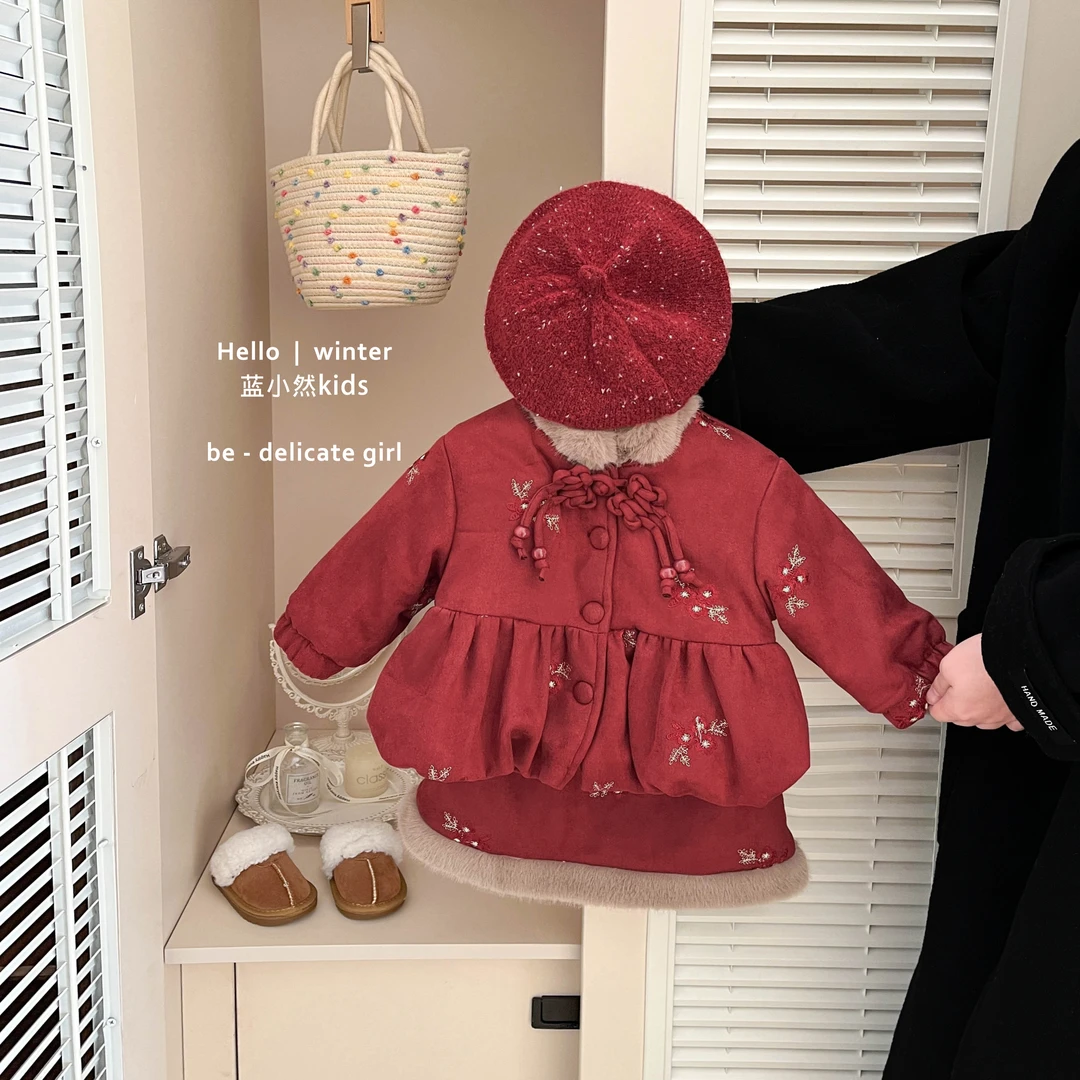 K25D193女童冬款新年棉服套装女宝宝加绒加厚外套婴儿保暖半身裙