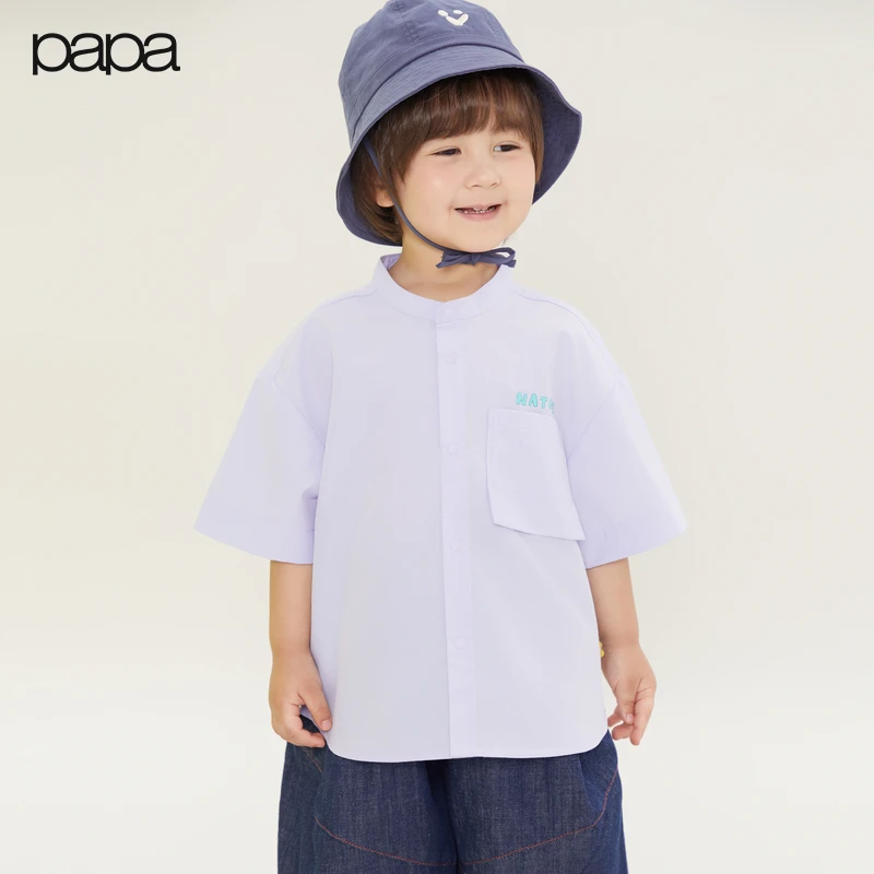 【新品】papa爬爬夏季儿童衬衫纯色抗皱中开扣短袖衬衣休闲百搭