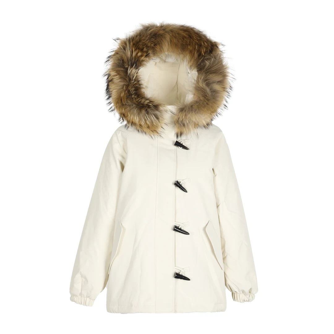 2024韩版大毛领连帽休闲牛角扣派克羽绒服