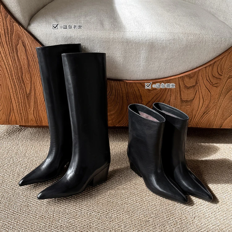 高级感真皮极简风时装靴尖头粗跟小个子大筒靴长靴黑色粗腿高筒靴