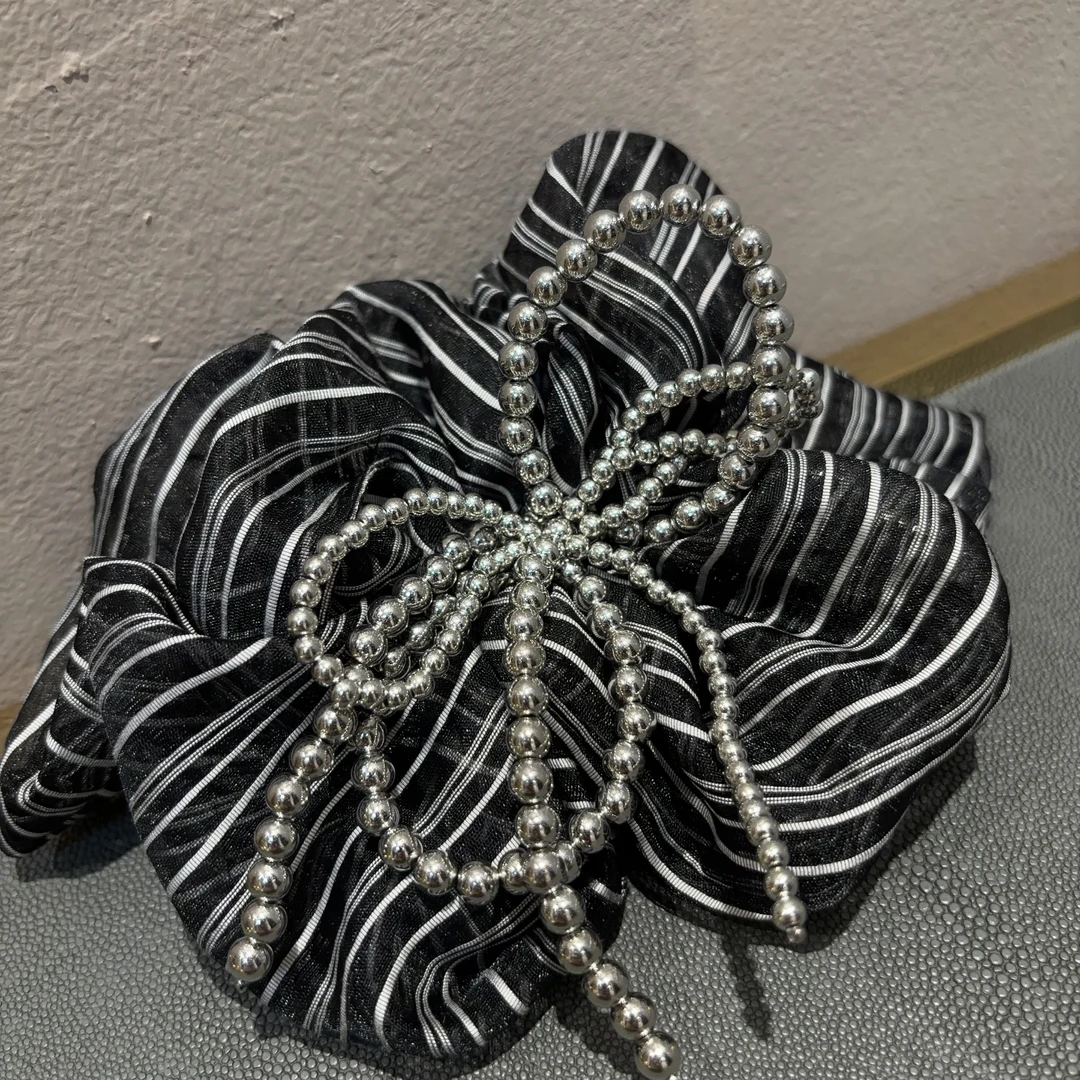 气质条纹褶皱珠珠蝴蝶结弹簧夹G271