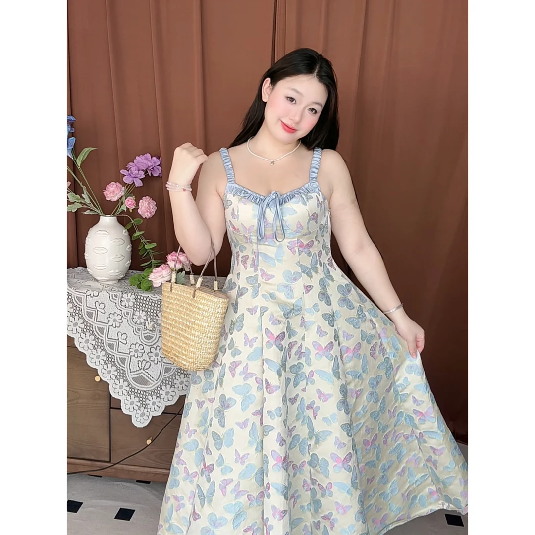 羊羊 法式复古幻彩蝴蝶结连衣裙大码MM女装度假风显瘦吊带长裙女