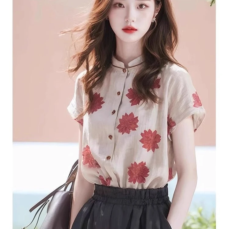 SS1083印花立领短袖衬衫女设计感小众夏独特别致洋气高端绝美上衣