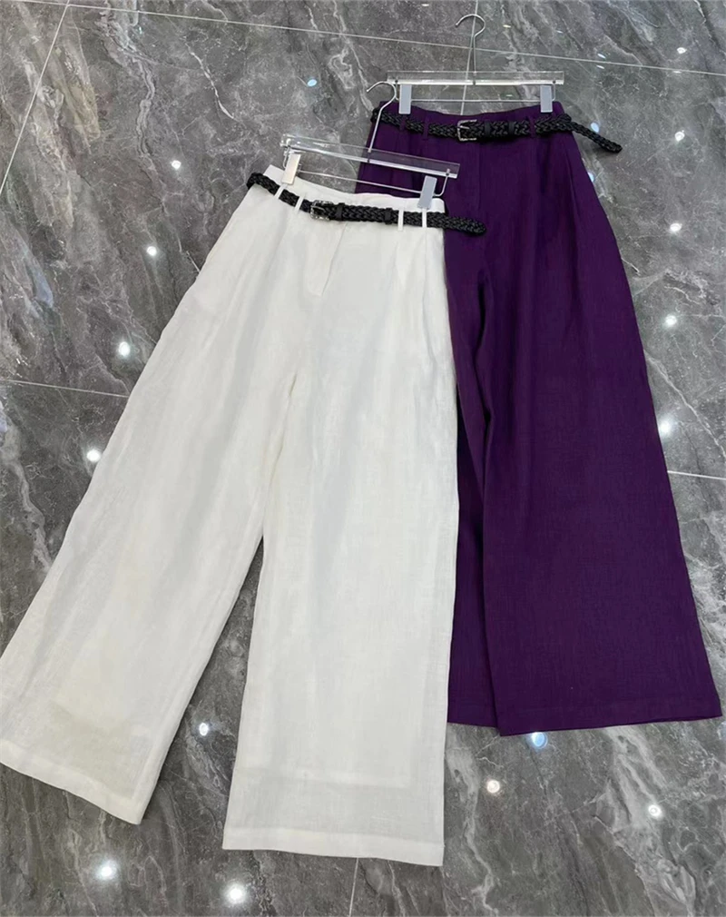 100%亚麻腰带阔腿长裤