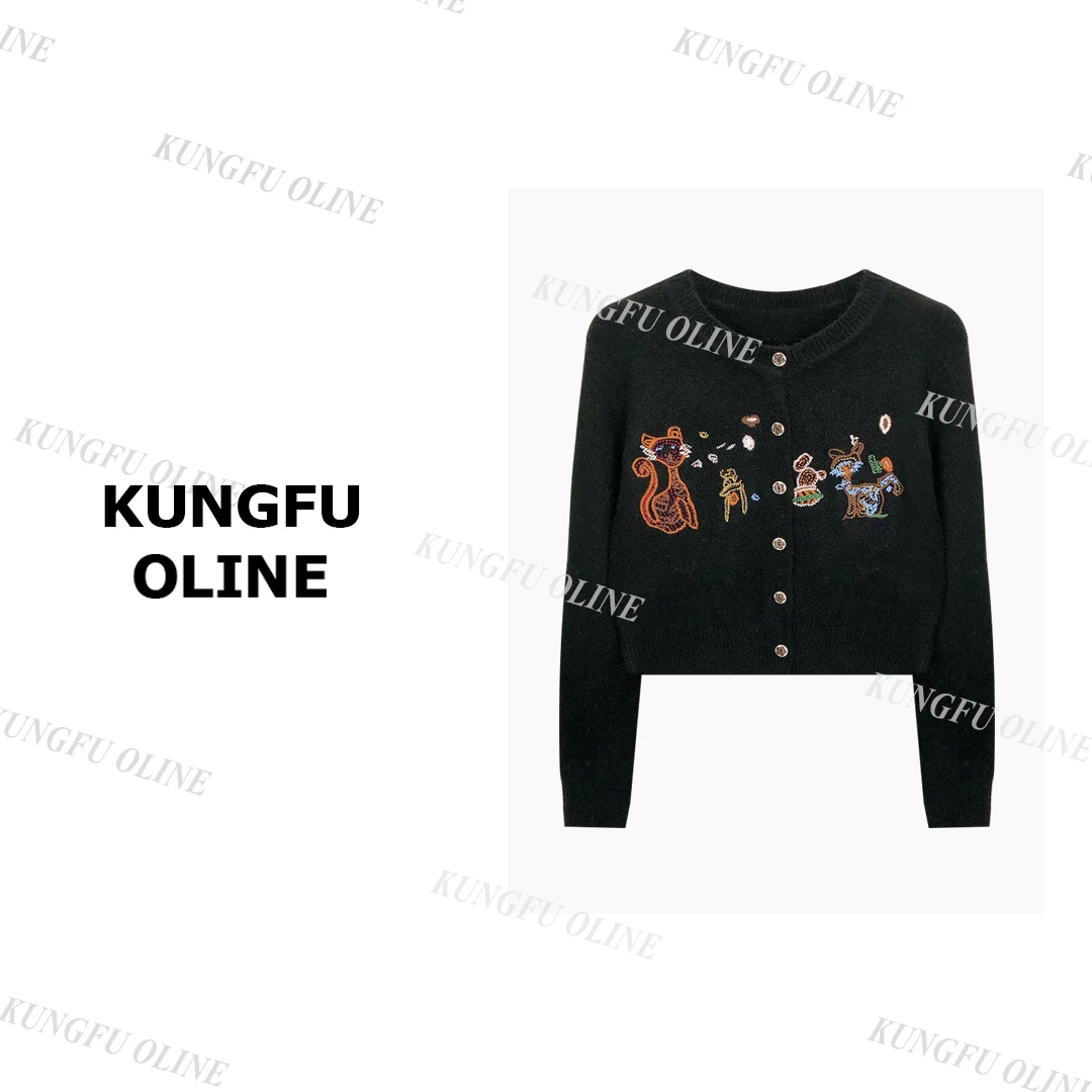 【黑色现现】【小猫开衫】KS26-78秋冬复古刺绣设计师针织衫新款毛衣
