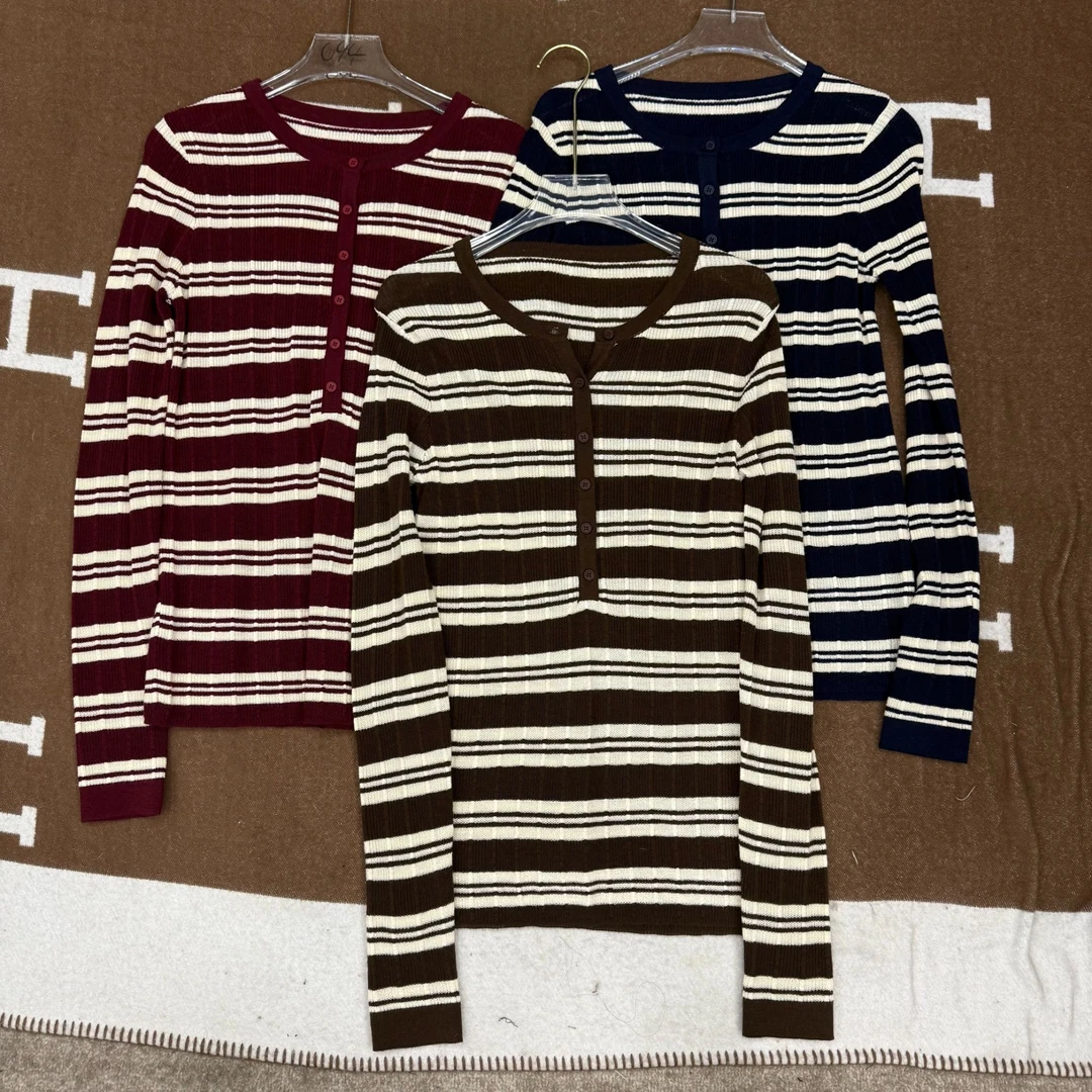 SuSu-137复古撞色条纹半开针织衫