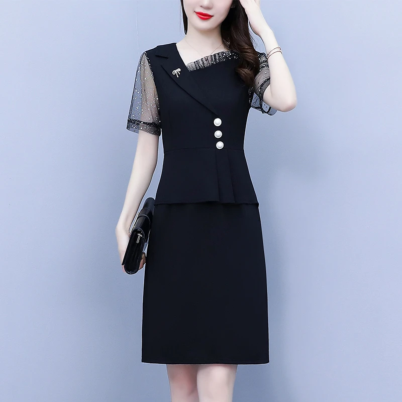 连衣裙2025大码夏季新款简约洋气亮片拼接开叉包臀气质显瘦裙子