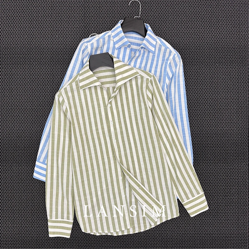 LANSIM·意式绅士一片领条纹衬衫男士雅痞休闲高级感通勤衬衣长袖